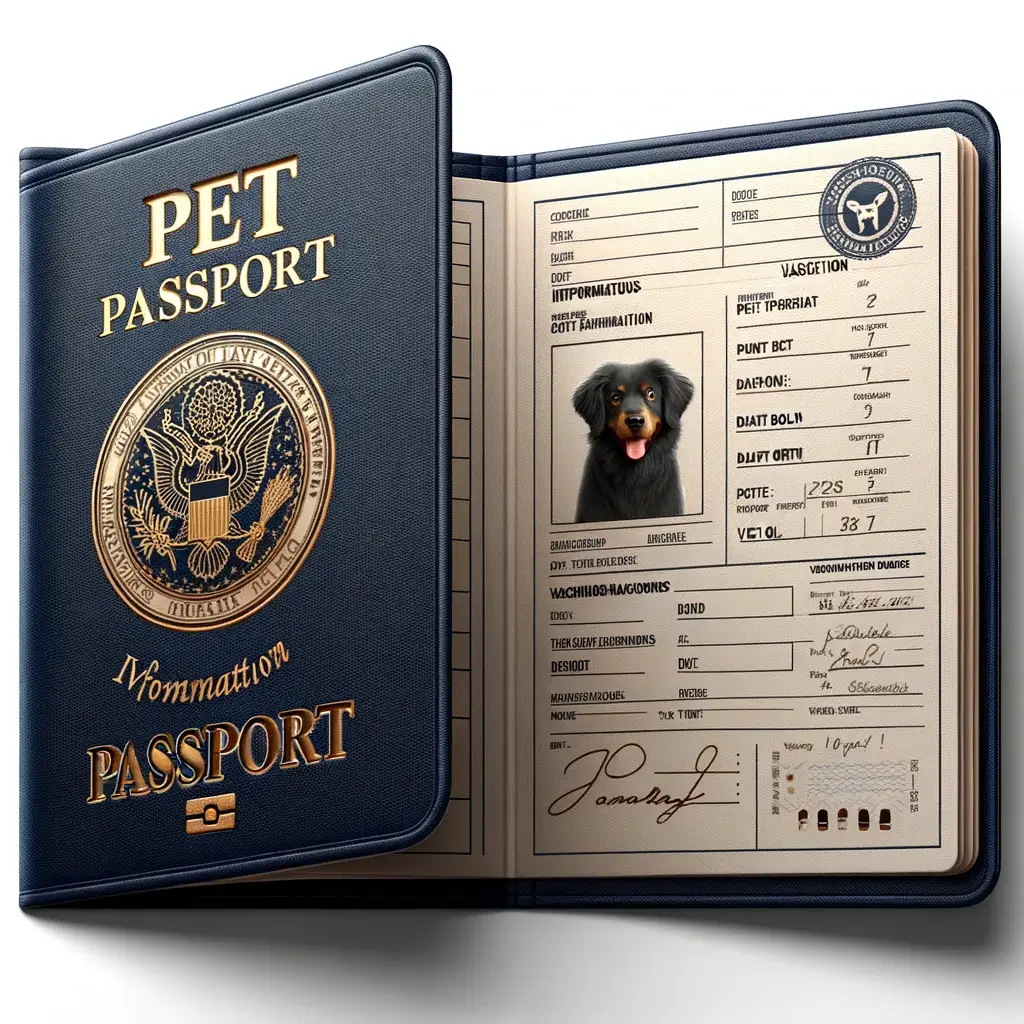 DALL·E 2024 02 02 10.54.44 Illustrate a realistic pet passport open to display the information page and vaccination records. The passport features a durable navy blue cover wit 1